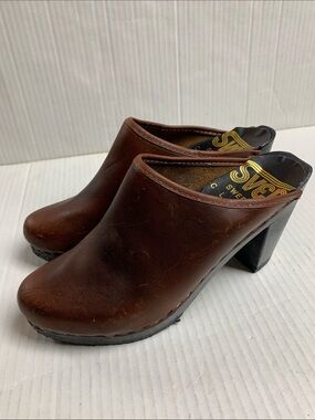 Sven Swedish Clogs High Collar Brown Leather Boho Size 37/6-6.5